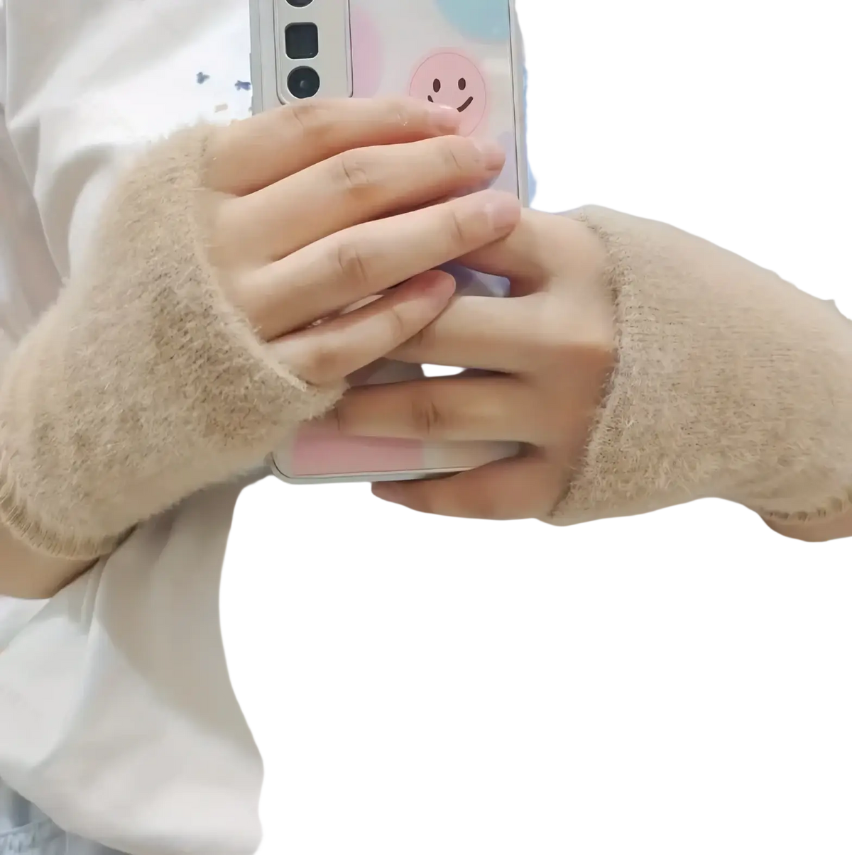 Beige fuzzy fingerless winter gloves for women worn on hands holding a phone, highlighting softness and functionality
