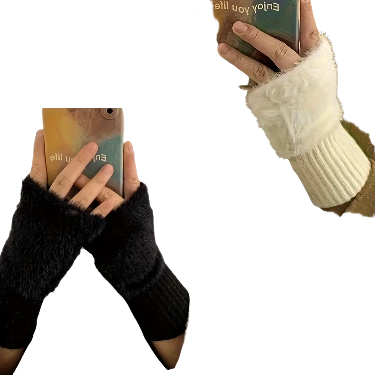 Black fuzzy fingerless winter gloves for women with ribbed cuffs shown from the back side
