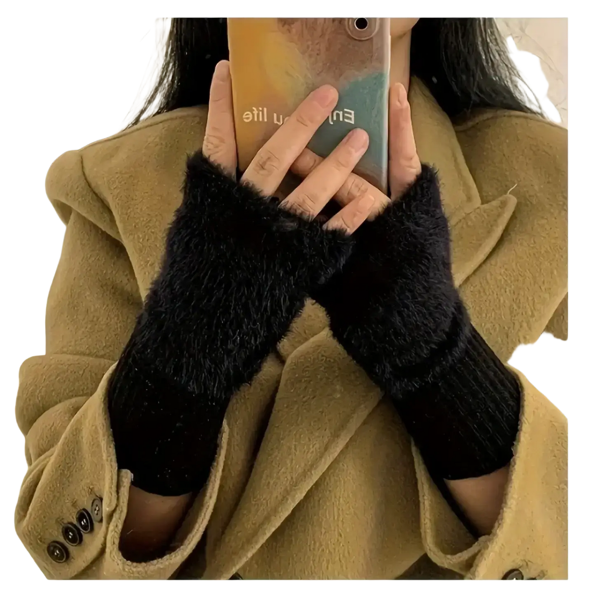 Black fuzzy fingerless winter gloves for women with ribbed knit cuff ideal for cold weather use