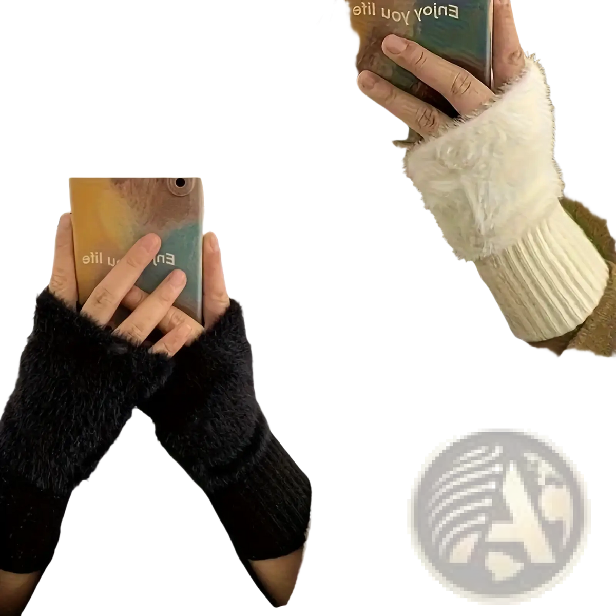 Black fuzzy fingerless winter gloves for women with ribbed cuffs shown from the back side