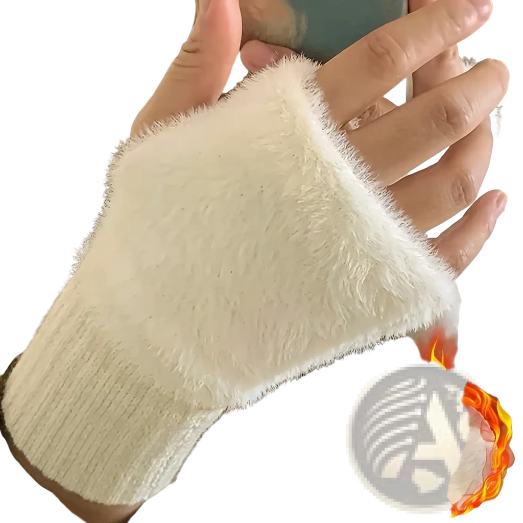 Cream-colored fluffy knit fingerless winter gloves for women with ribbed cuff and soft plush interior