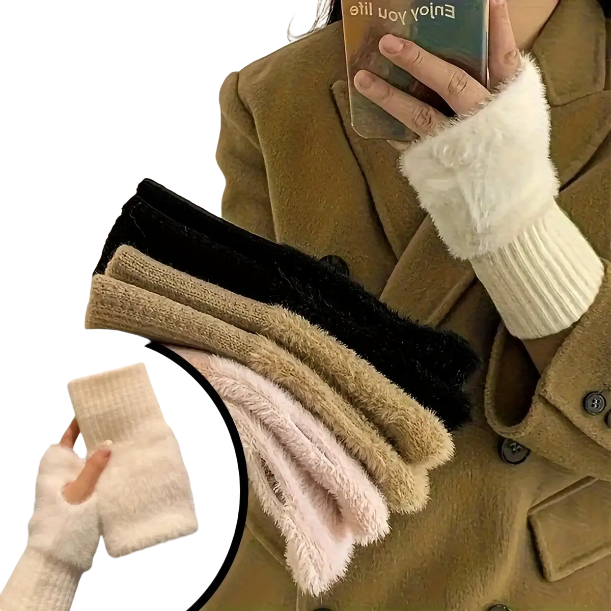 Soft fluffy fingerless winter gloves for women in black beige pink and white with ribbed knit cuff for warmth