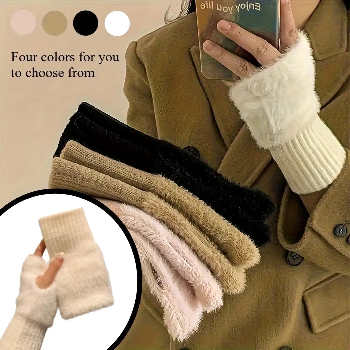 Soft fluffy fingerless winter gloves for women in black beige pink and white with ribbed knit cuff