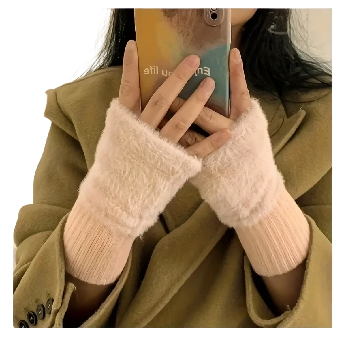 Soft pink fuzzy fingerless winter gloves for women with a ribbed knit cuff for warmth and comfort