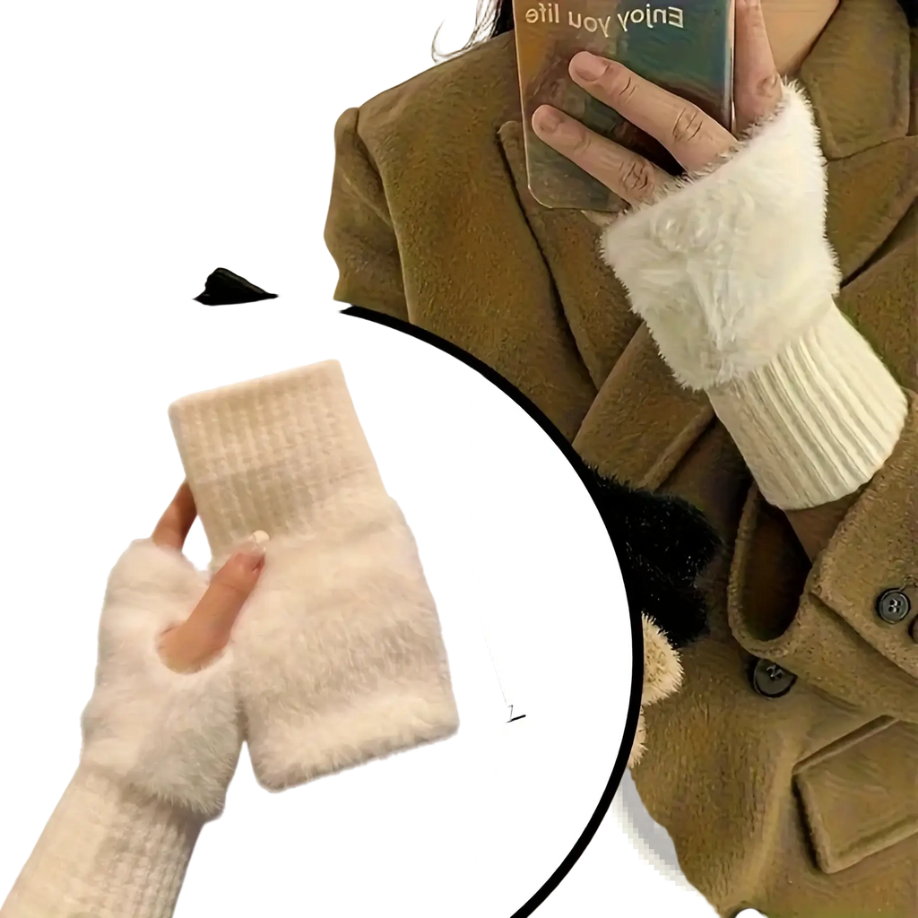 White faux fur fingerless winter gloves for women with ribbed knit cuff shown from the back side