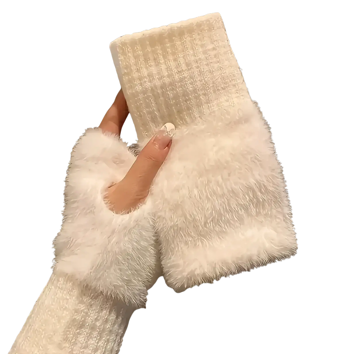 White fuzzy fingerless winter gloves for women with textured knit cuff designed for cold weather use