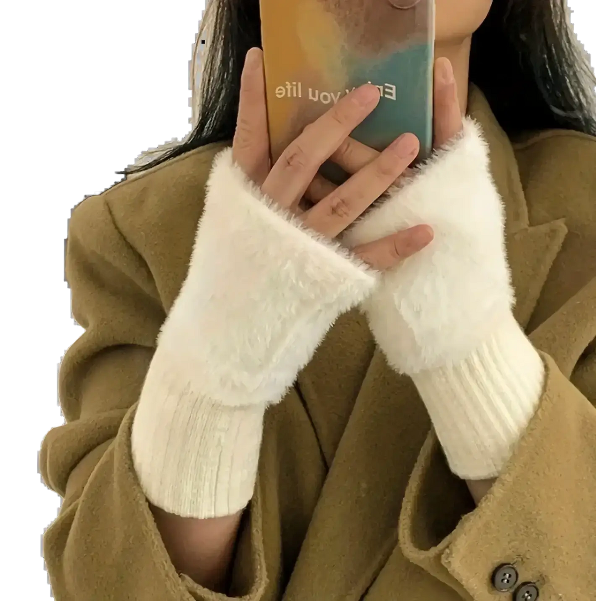 White fuzzy fingerless winter gloves for women with ribbed knit cuffs designed for warmth and comfort