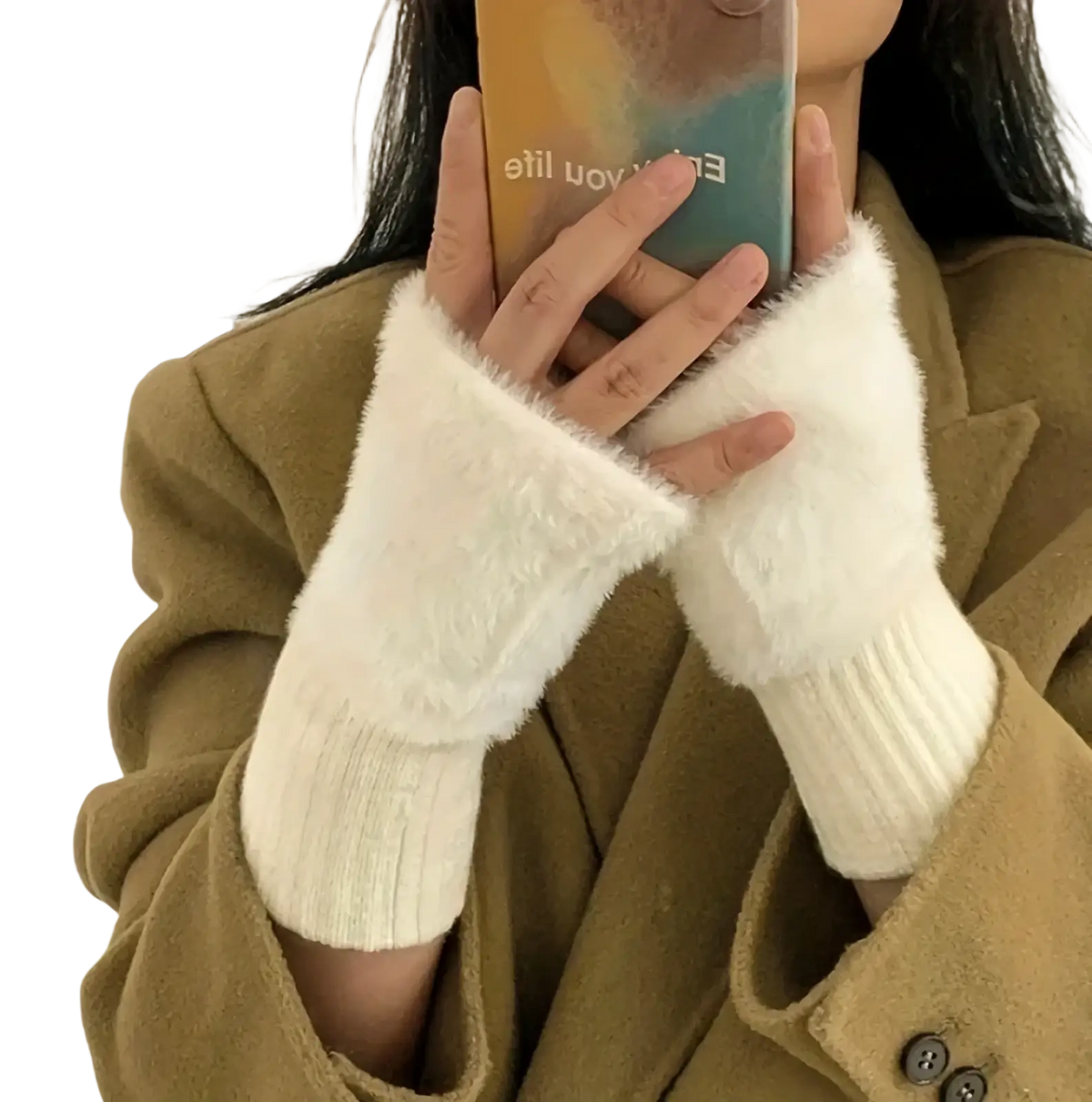 White fuzzy fingerless winter gloves for women with ribbed knit cuffs designed for warmth and style