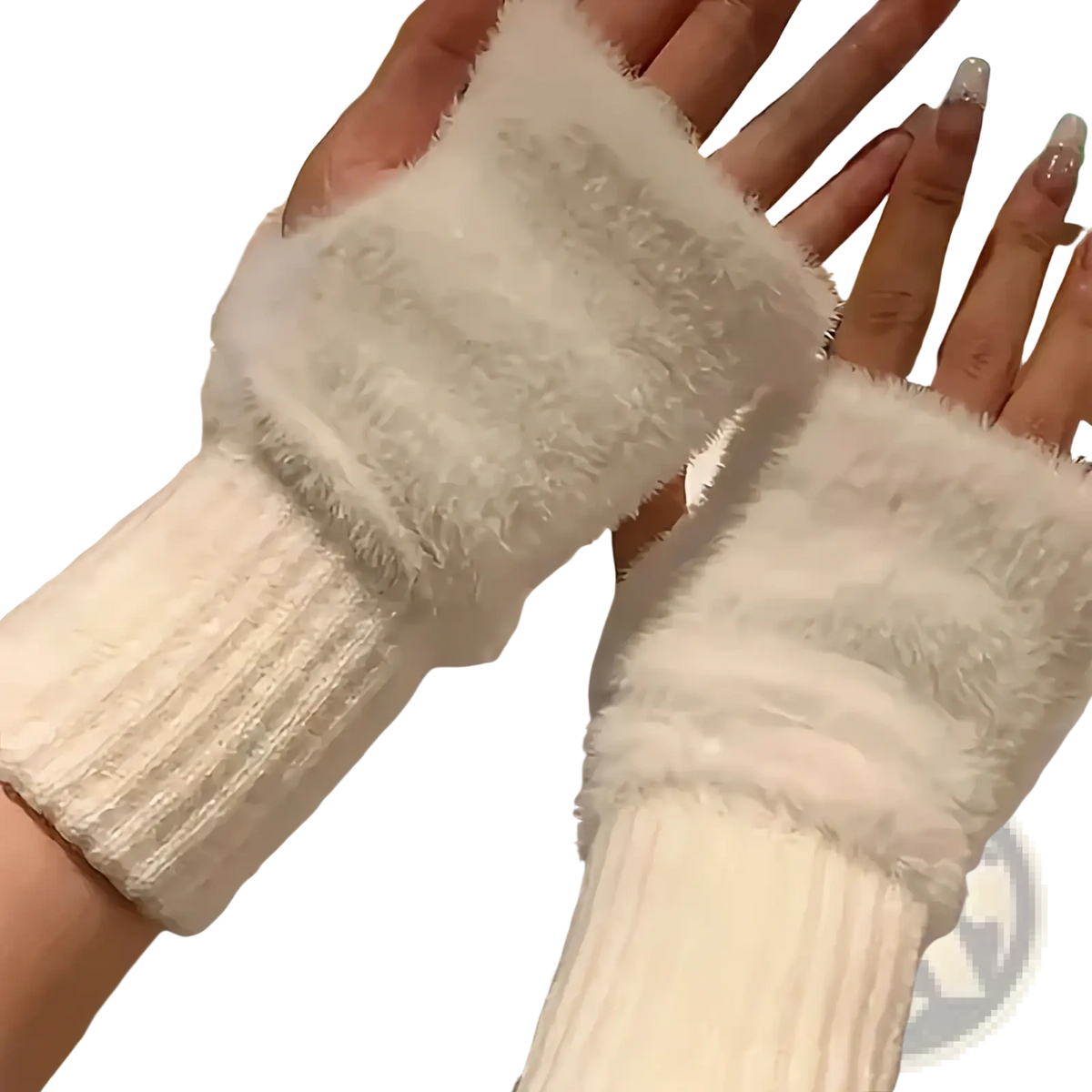 White fuzzy fingerless winter gloves for women with ribbed knit cuffs designed for warmth and comfort
