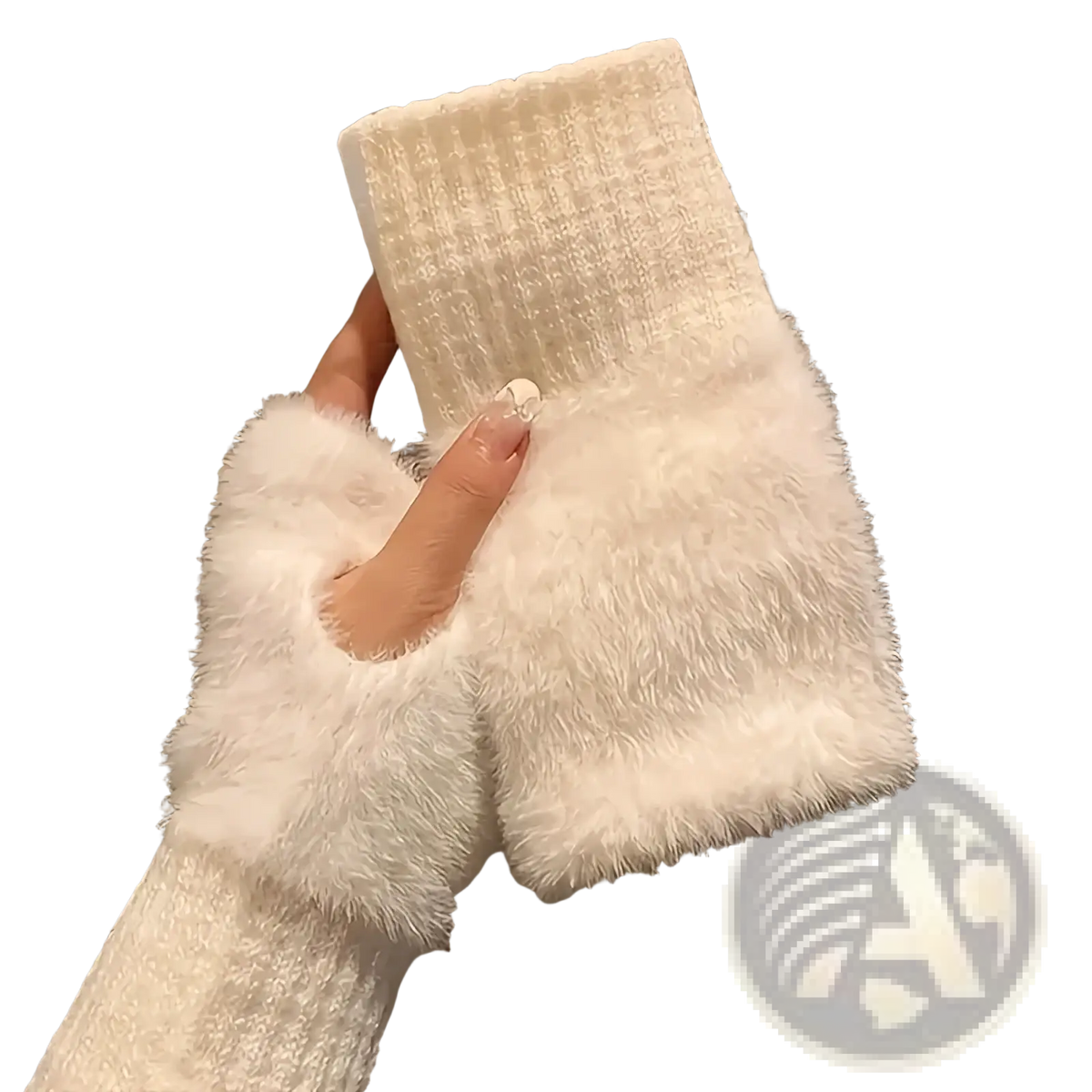 White fuzzy fingerless winter gloves for women with textured knit cuff shown from the back side