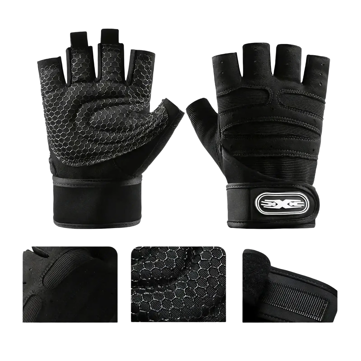Black fingerless workout gloves with hexagonal textured palm and reinforced wrist support straps for weightlifting