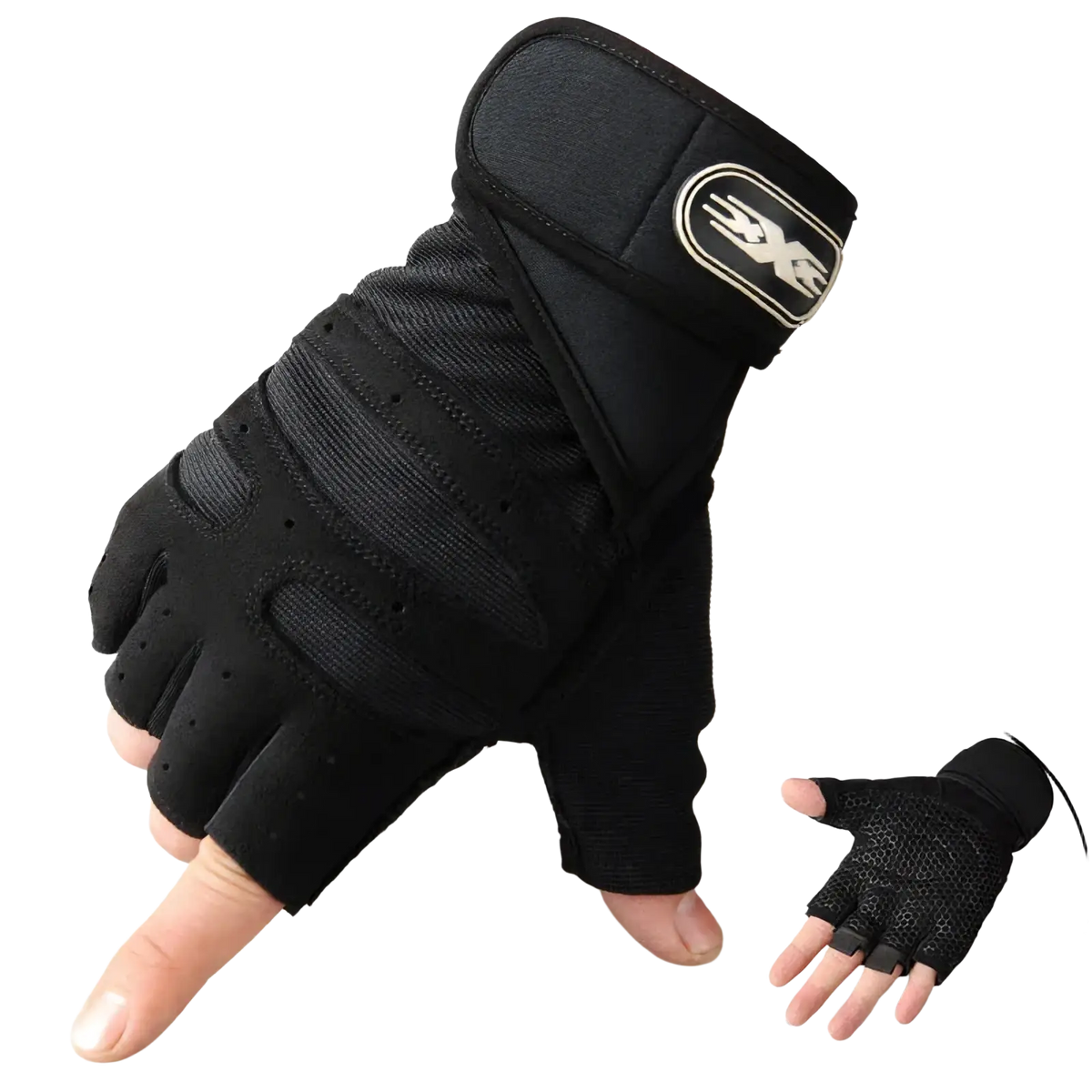 Black fingerless workout gloves with reinforced mesh panels and padded wrist strap featuring embroidered logo