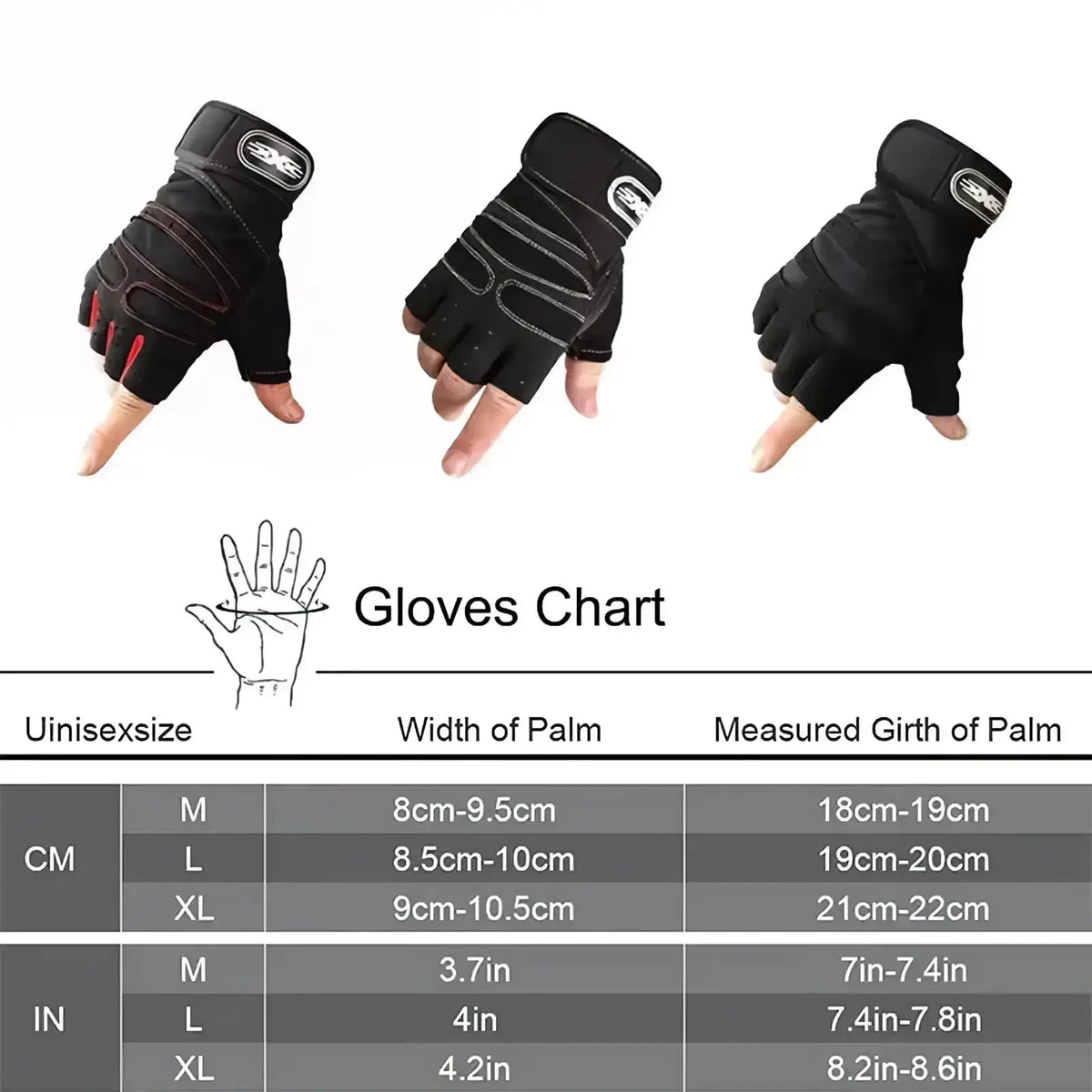 Black fingerless workout gloves with wrist support featuring red white accents and reinforced palm padding for grip