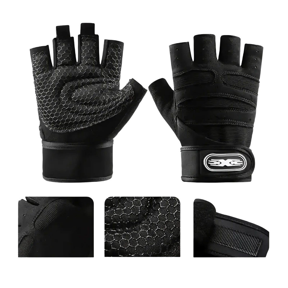Black fingerless workout gloves with textured hexagonal palm pattern and reinforced wrist support straps for gym use