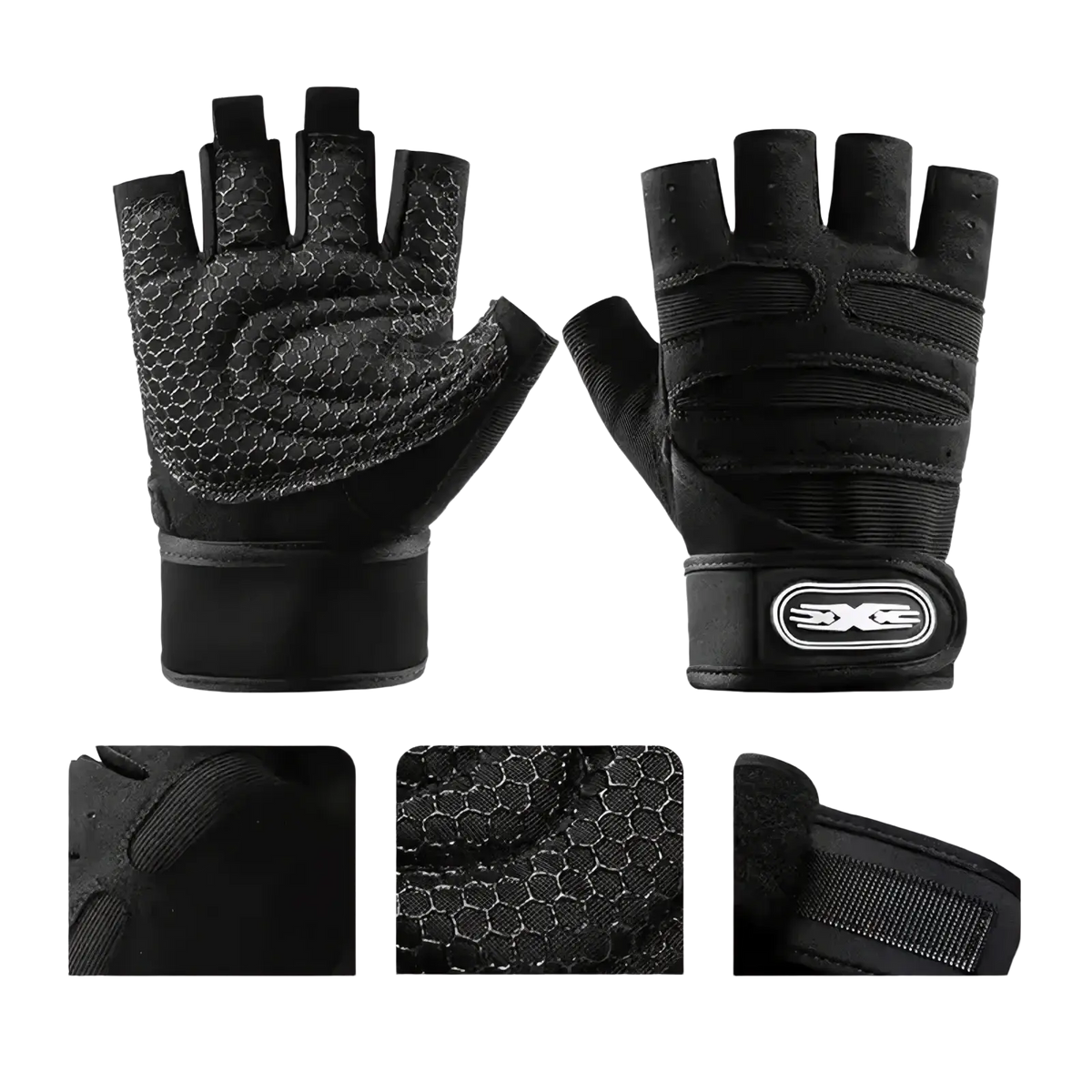 Black fingerless workout gloves with wrist support featuring textured mesh palm and reinforced wrist strap