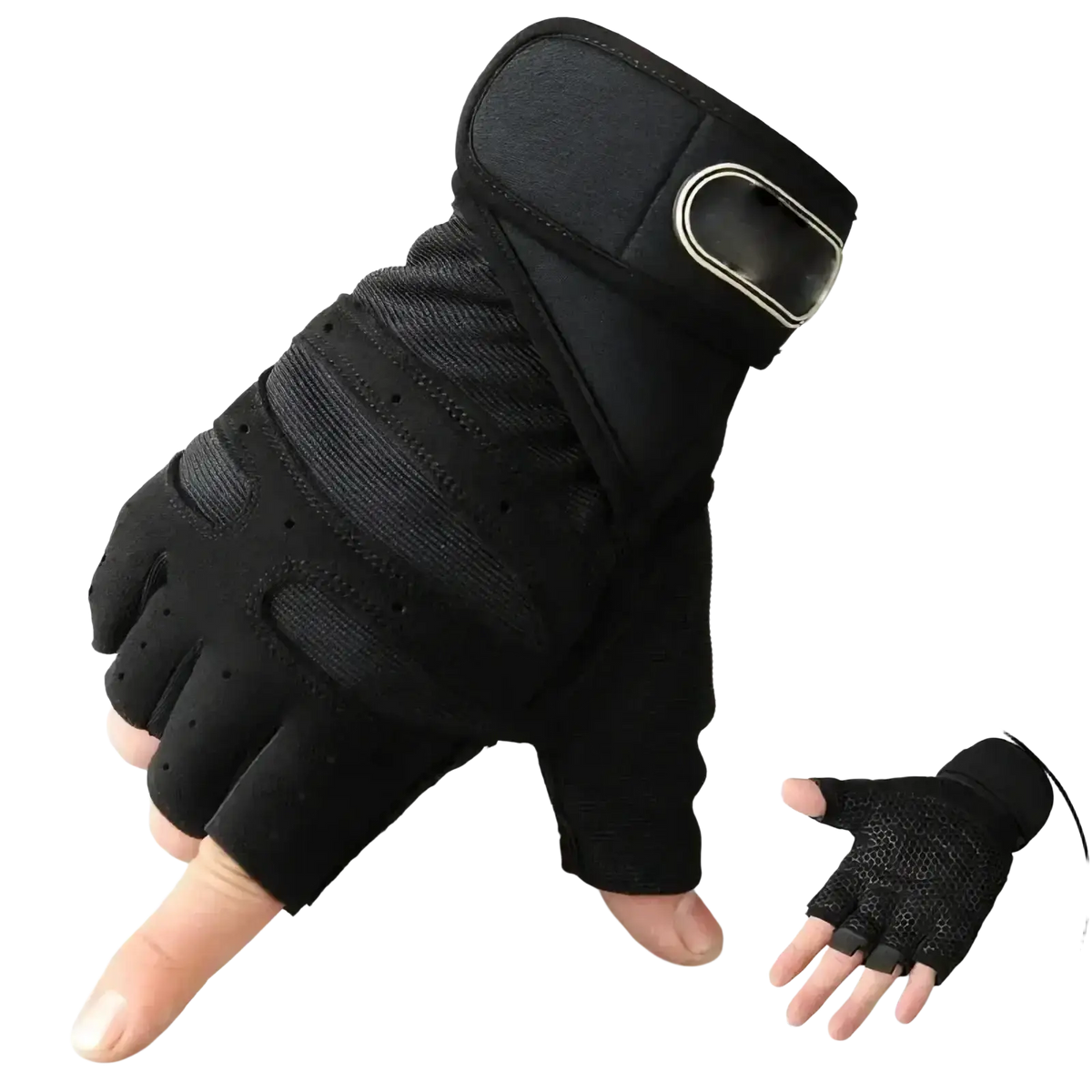 Black fingerless workout gloves with breathable mesh panels and padded wrist strap for enhanced wrist support