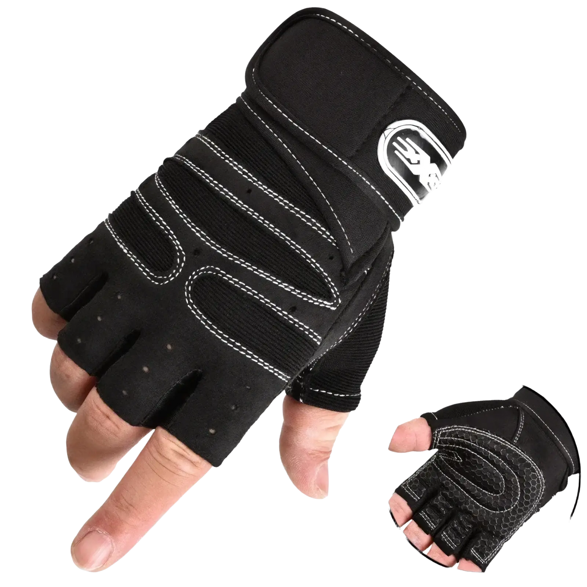 Black fingerless workout glove with white stitching and textured palm featuring branded logo on wrist strap back side