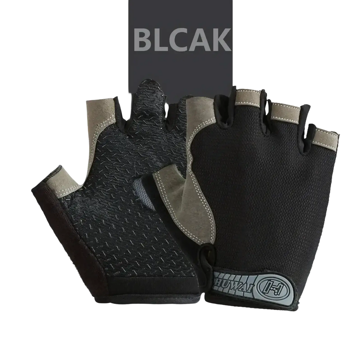 Black and beige fingerless workout gloves with wrist support textured grip and reinforced stitching for enhanced durability
