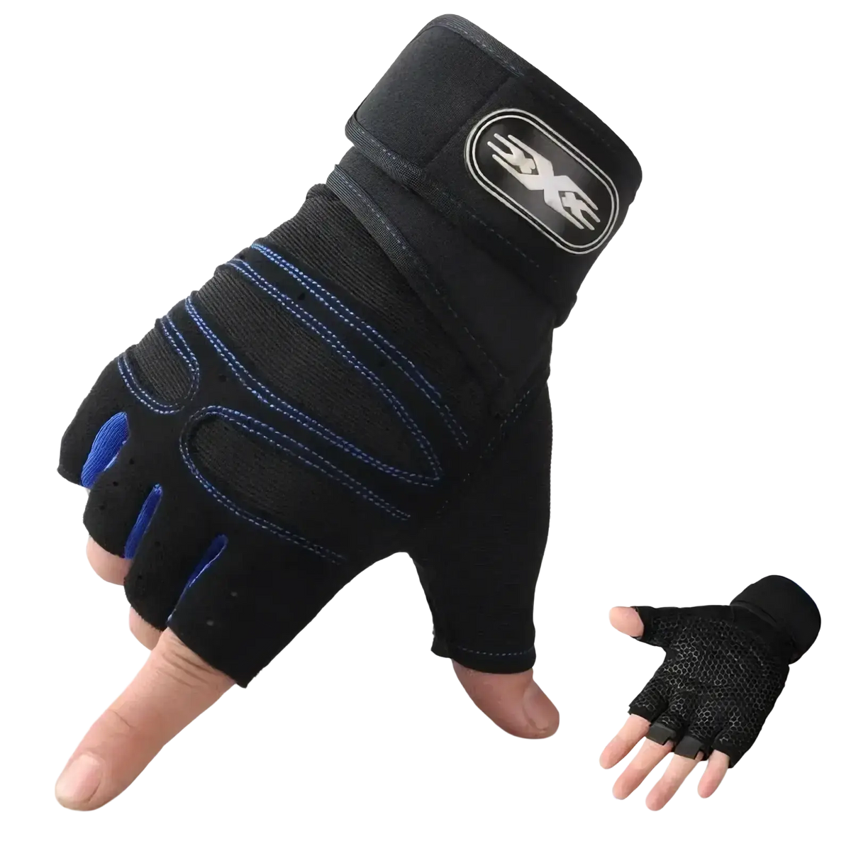Black and blue fingerless workout gloves with reinforced stitching and wrist support visible on the back side