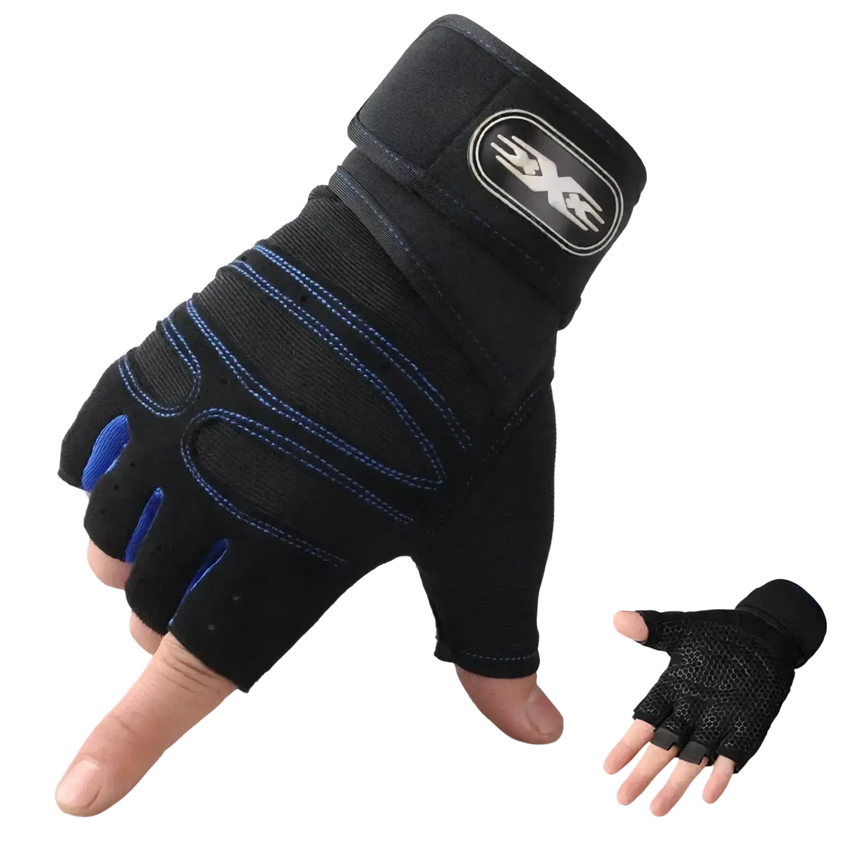 Black and blue fingerless workout gloves with wrist support reinforced stitching and branded logo on wristband back side