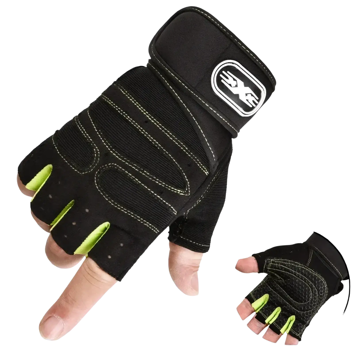 Black and neon green fingerless workout gloves with wrist support and reinforced stitching on the back side