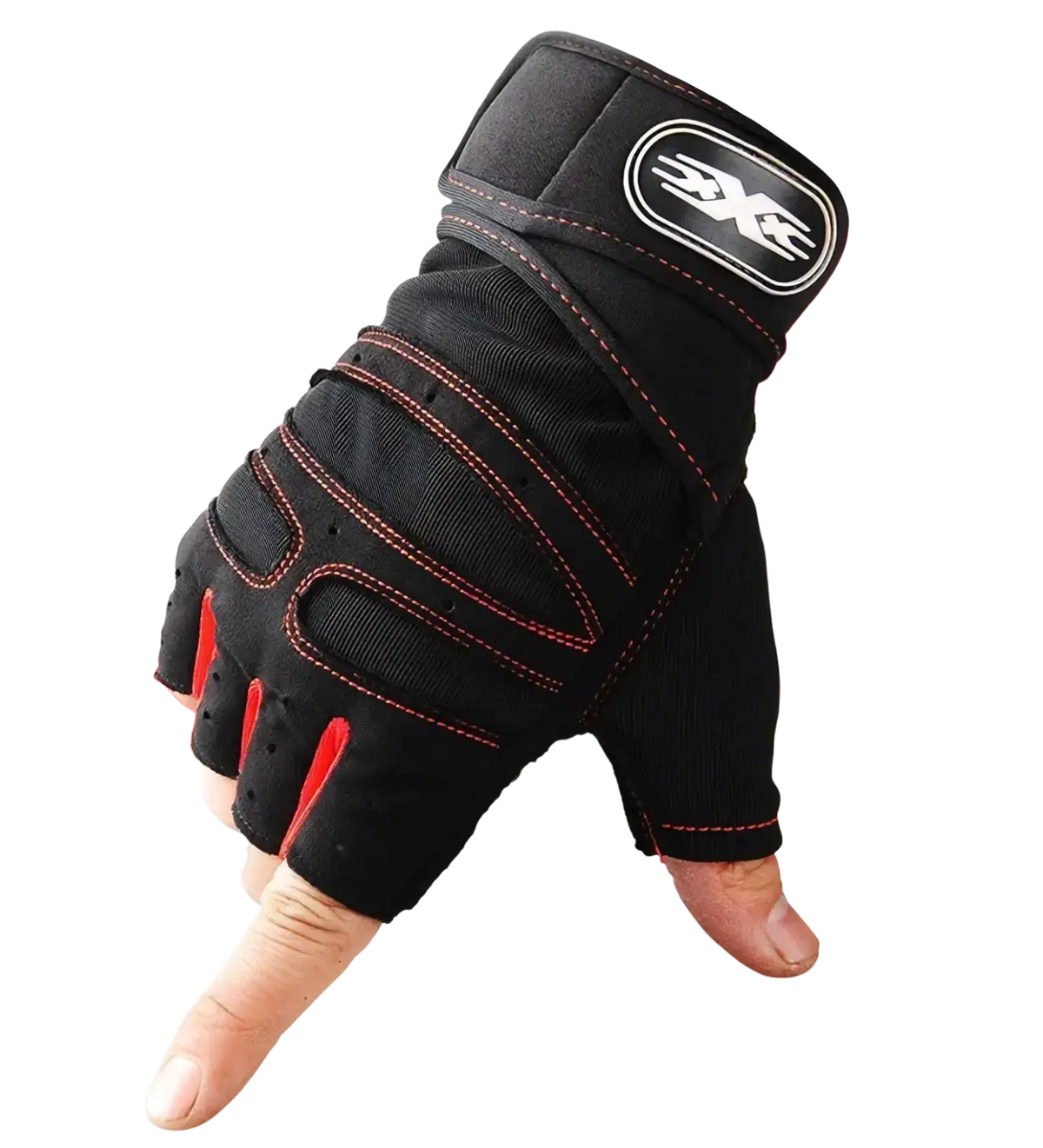 Black and red fingerless workout gloves with wrist support featuring reinforced stitching and branded logo on back side