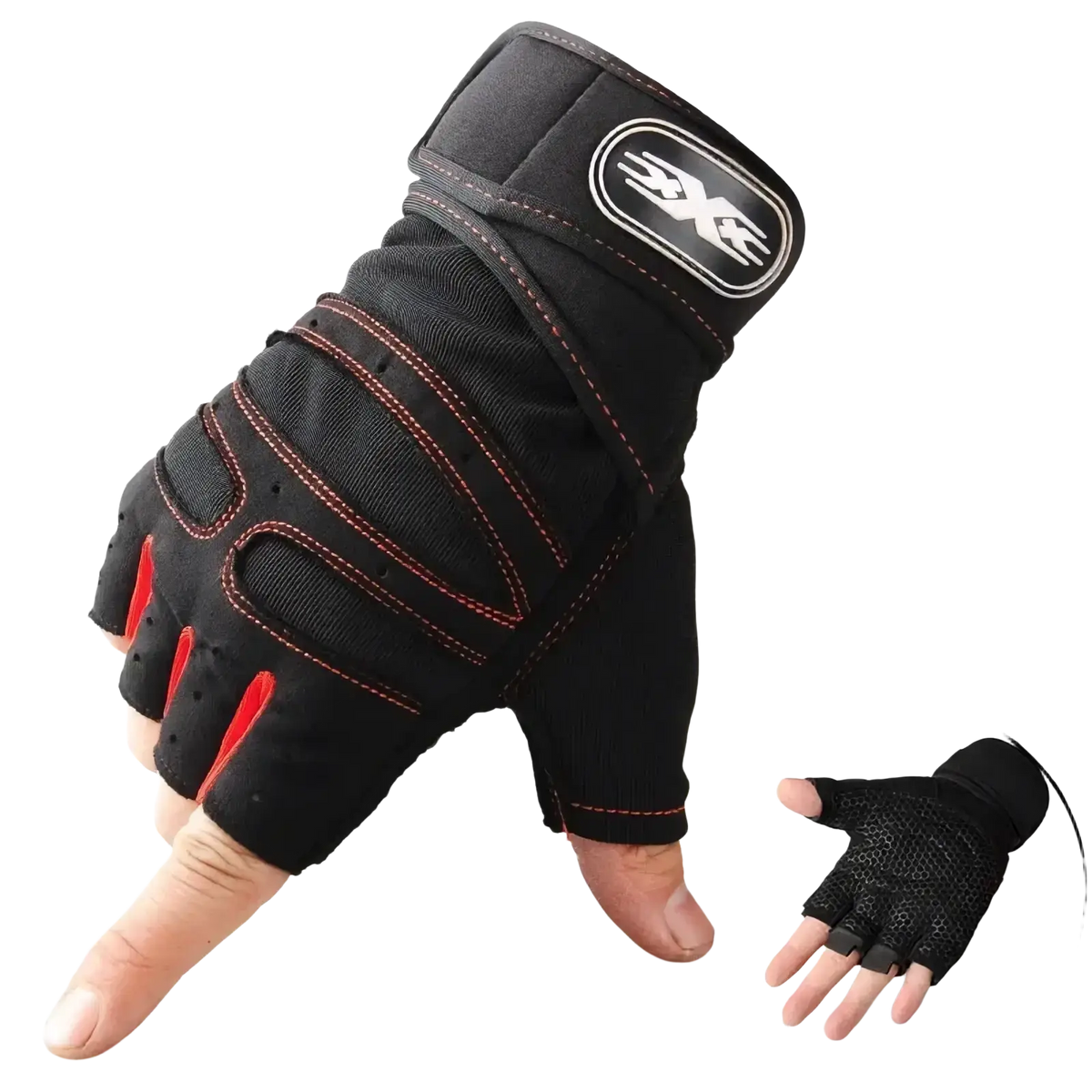 Black and red fingerless workout gloves with wrist support breathable mesh panels and reinforced stitching on back side