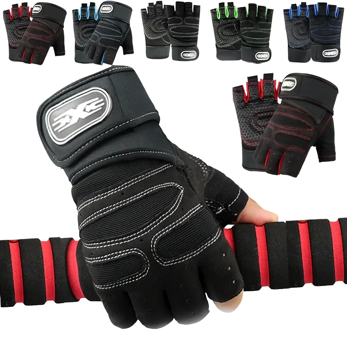 Black and red fingerless workout gloves with wrist support and reinforced palm padding showing the back side