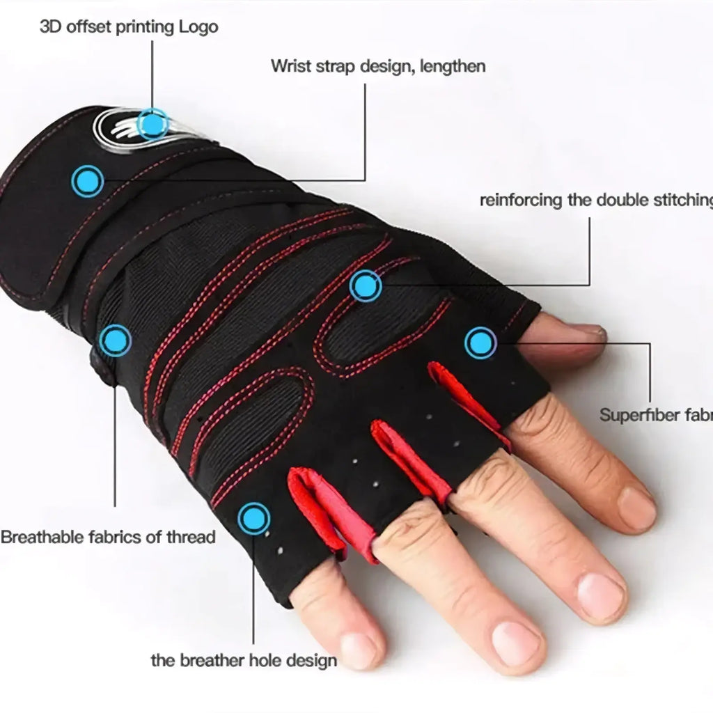 Black and red fingerless workout gloves with wrist support made of breathable superfiber fabric and reinforced stitching shown from the back