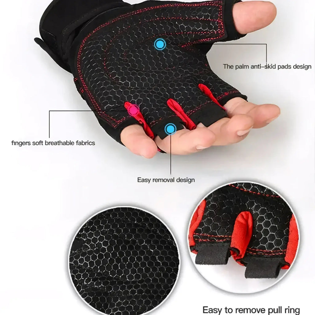 Black and red fingerless workout gloves with wrist support and hexagonal mesh palm design for improved grip