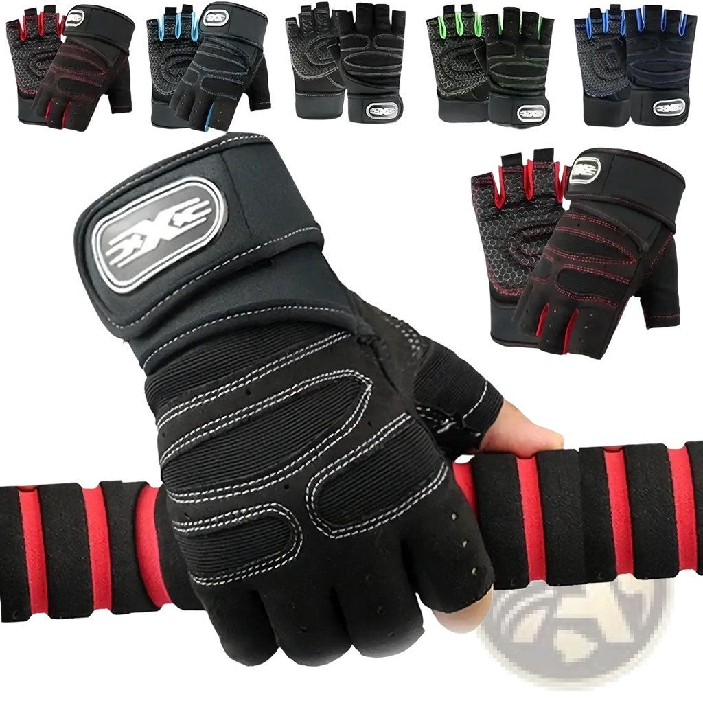 Black and red fingerless workout gloves with wrist support and reinforced palm padding showing the back side