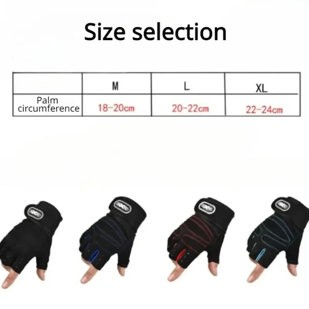 Black fingerless workout gloves with wrist support feature reinforced palm panels and adjustable straps with blue and red accents