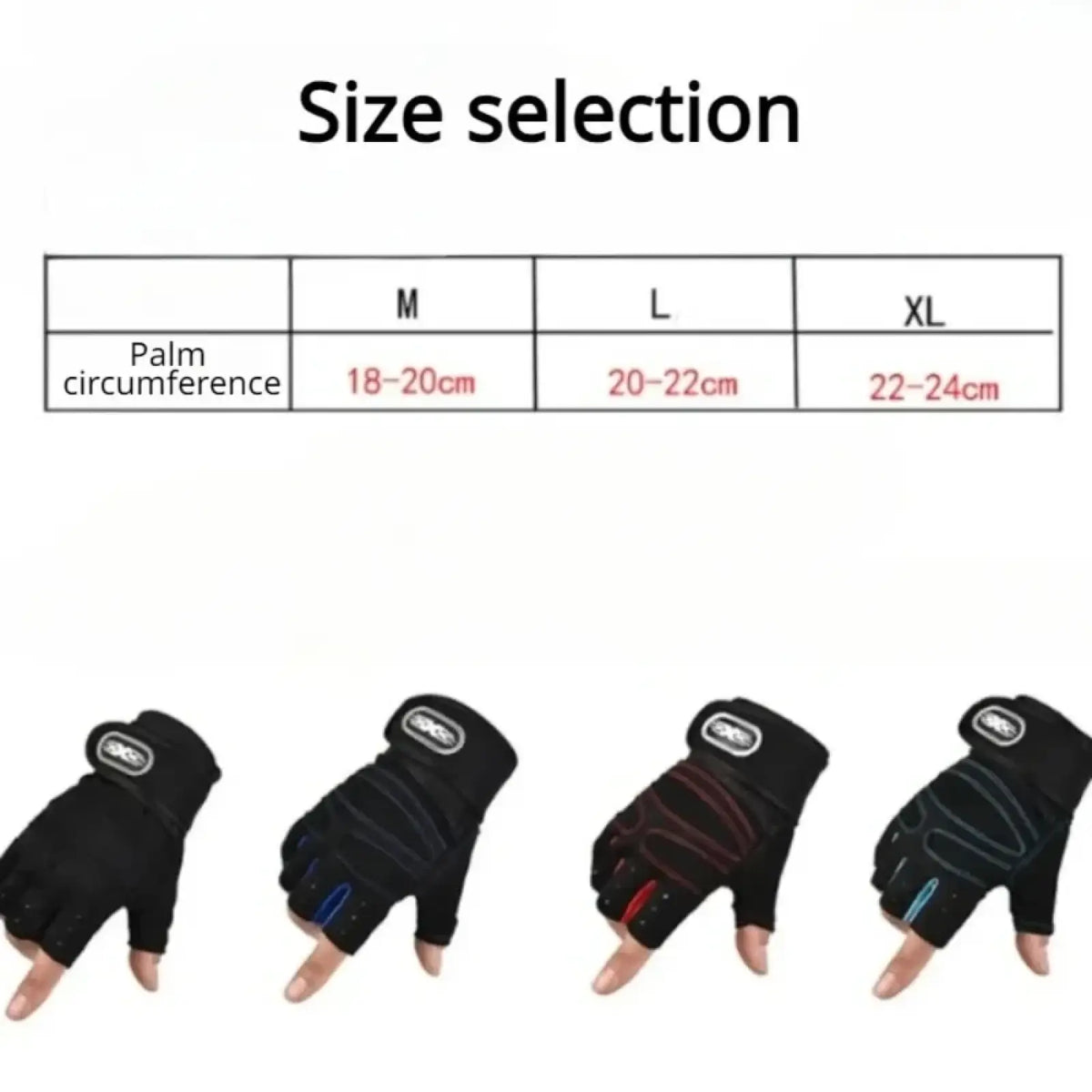 Black fingerless workout gloves with wrist support feature reinforced palm panels and adjustable straps with blue and red accents