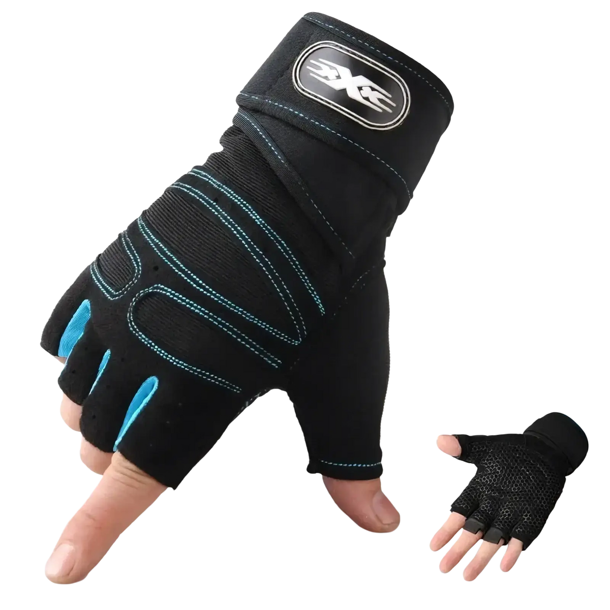 Black and teal fingerless workout gloves with wrist support featuring breathable mesh panels on the back for ventilation