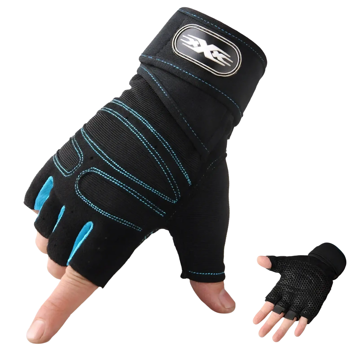 Black and teal fingerless workout gloves with wrist support breathable mesh panels and reinforced stitching visible on back side