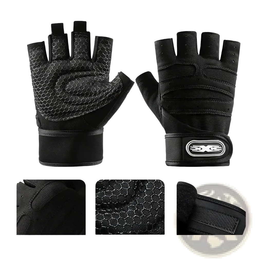 Black fingerless workout gloves with wrist support featuring textured breathable mesh palm and reinforced strap with xxc logo