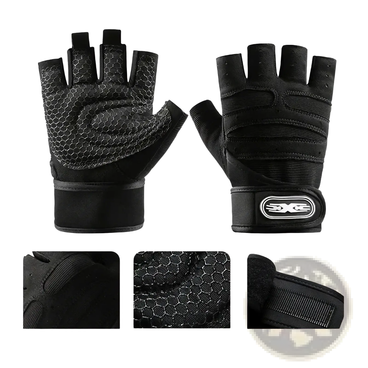 Black fingerless workout gloves with wrist support featuring textured breathable mesh palm and reinforced strap with xxc logo