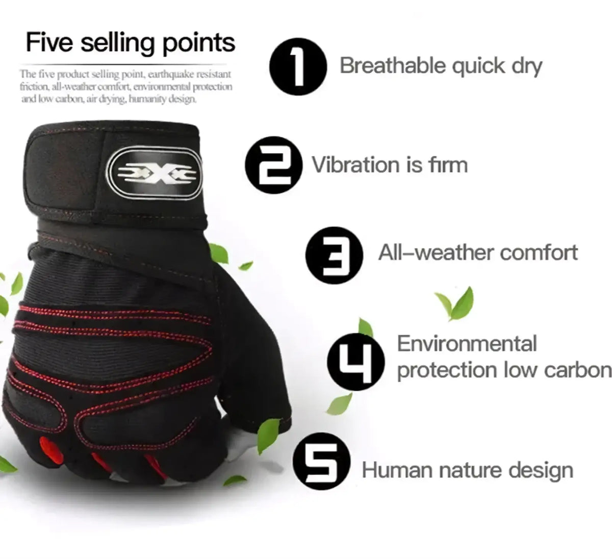 Black fingerless workout glove with red stitching and white logo on wristband showing the back side