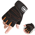 Black and orange fingerless workout gloves with wrist support featuring reinforced mesh panels and branded logo on wrist strap