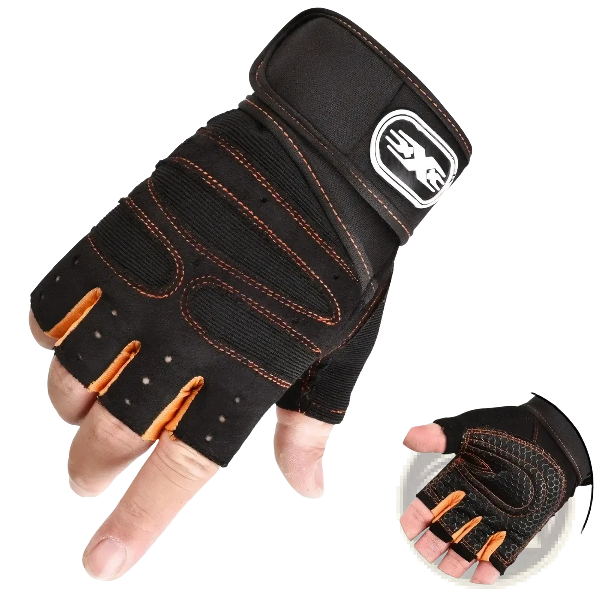 Black and orange fingerless workout gloves with wrist support featuring reinforced mesh panels and branded logo on wrist strap