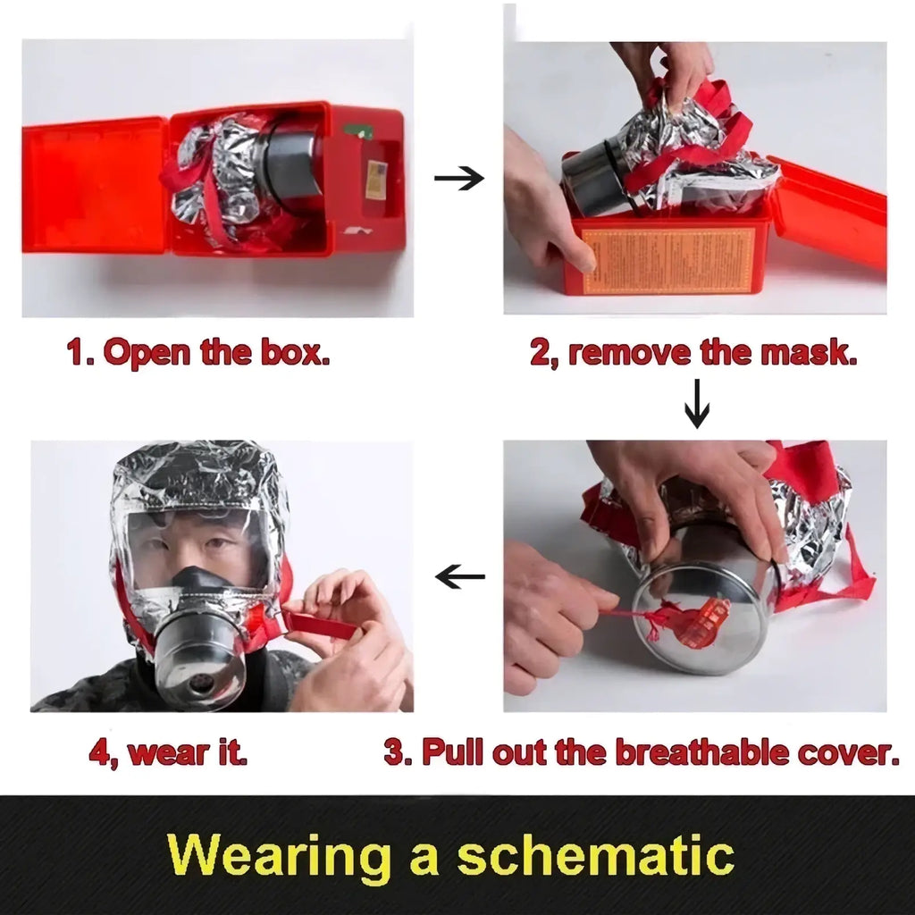 Fire escape mask 30 minute protective respirator with red plastic body, clear face shield, and silver foil-lined filter