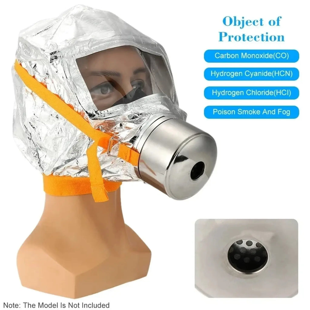 Silver foil fire escape mask with orange straps and metallic cylindrical filter housing for 30 minute protection