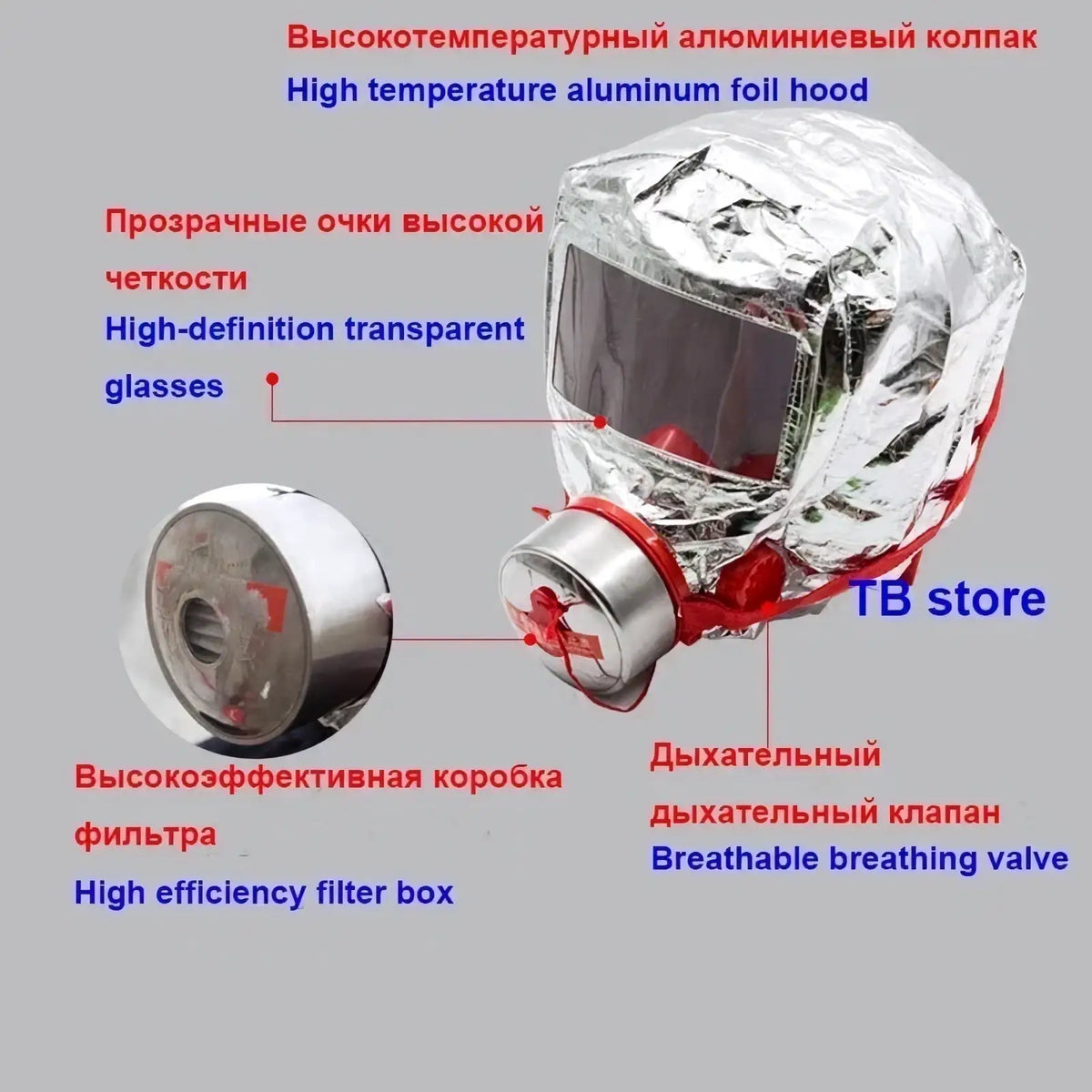 Silver high-temperature aluminum foil fire escape mask with transparent glasses and red breathing valve for 30-minute protection