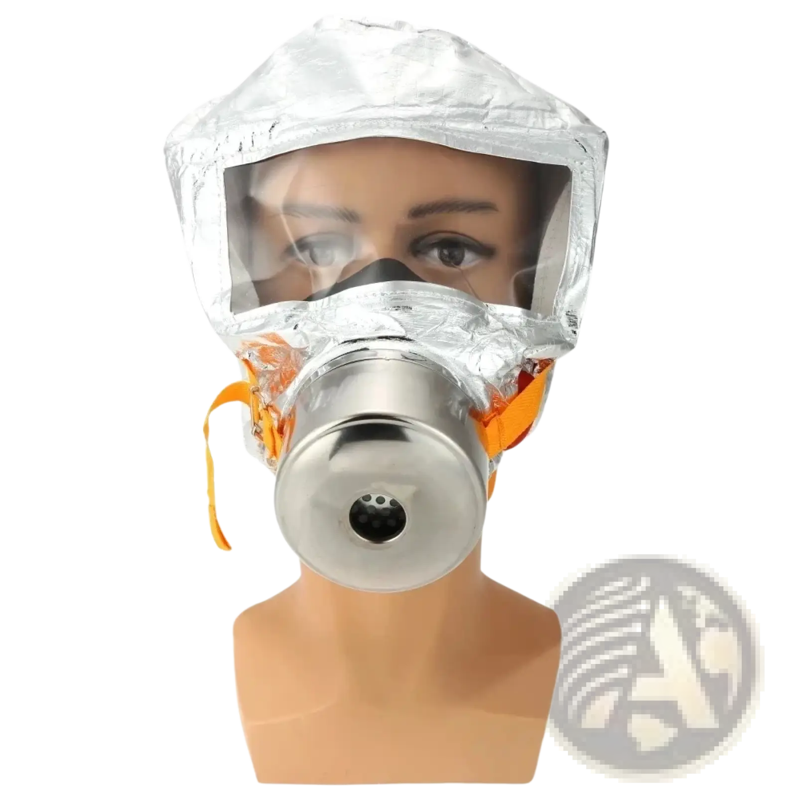 Silver metallic fire escape mask with transparent face shield and orange straps 30 minute protective respirator