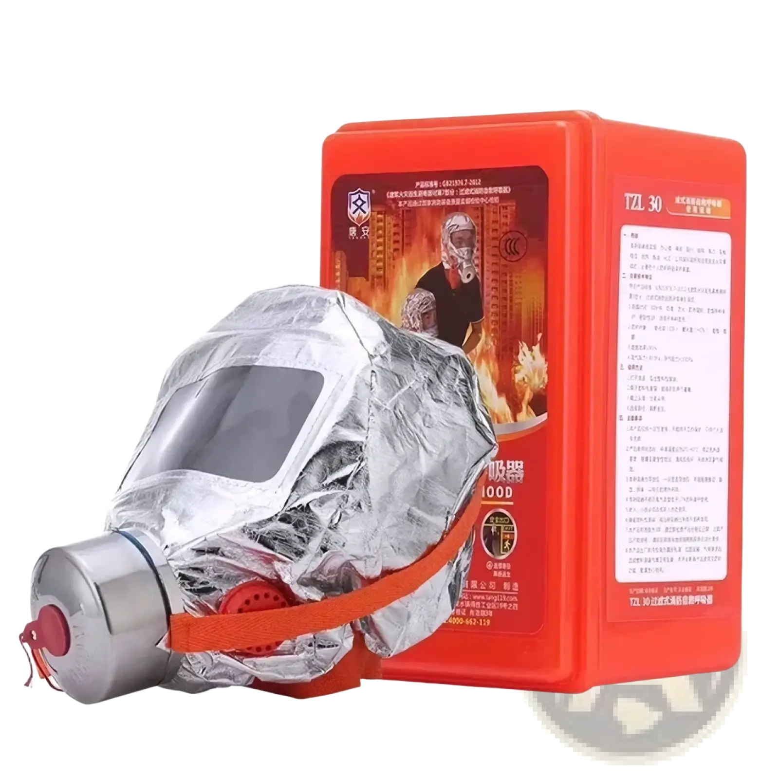 Silver reflective fire escape mask with orange strap and red valve in red tzl 30 minute protective respirator box