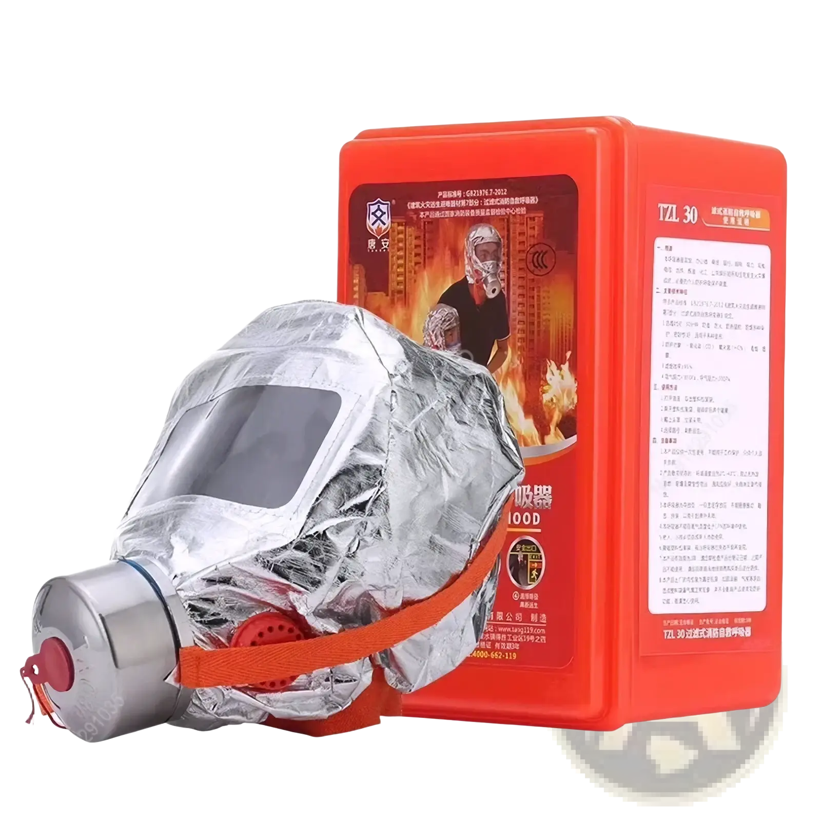 Silver reflective fire escape breathing apparatus with orange strap and red valve in bright red tzl 30 box