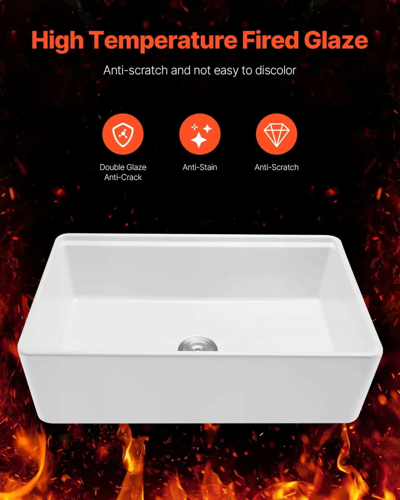 White rectangular fireclay farmhouse sink 32.5 inch with high-temperature fired glaze finish for workstation use