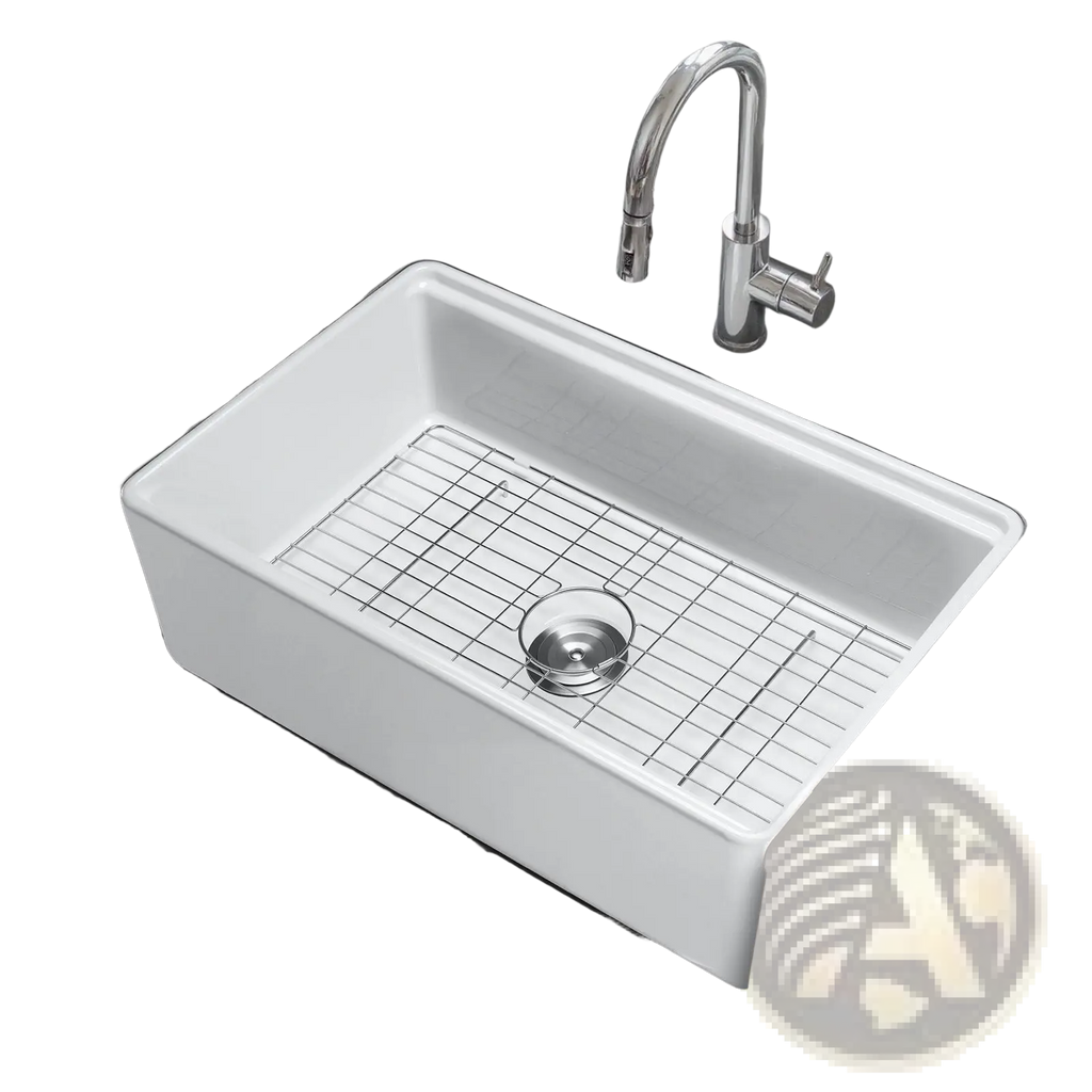 White fireclay farmhouse sink 32.5 inch with stainless steel grid and drain for kitchen workstation use