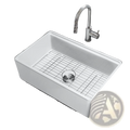 White fireclay farmhouse sink 32.5 inch with stainless steel grid and drain for kitchen workstation use