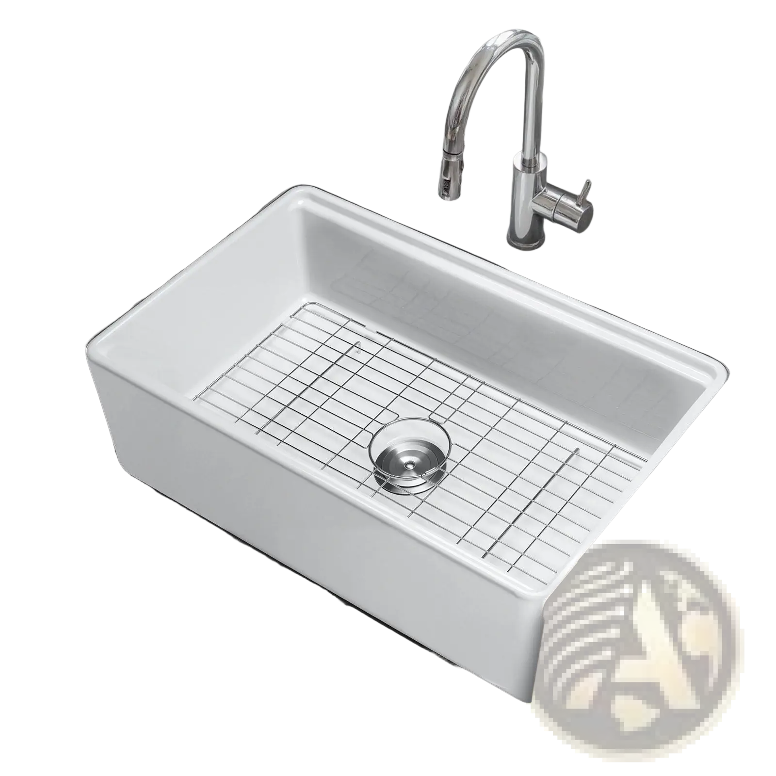 White fireclay farmhouse sink 32.5 inch with stainless steel grid and drain for kitchen workstation use